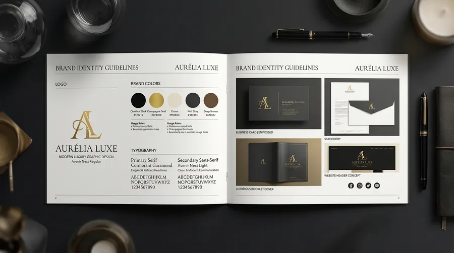 Aurélia Luxe brand identity guidelines showing logo, colour palette, typography and stationery