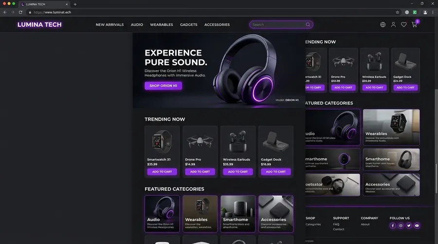 Lumina Tech dark-theme e-commerce website design showing headphones and product categories