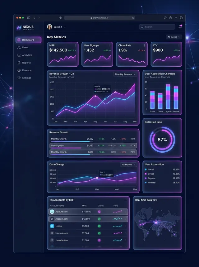 SaaS analytics dashboard web app design with charts and key metrics