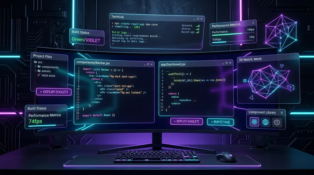 Front-end web development workspace with code editor windows on a curved monitor