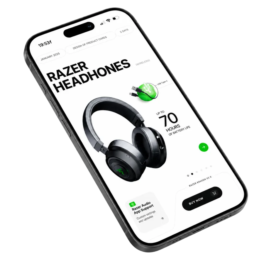 Mobile product page design mockup for a wireless headphones website